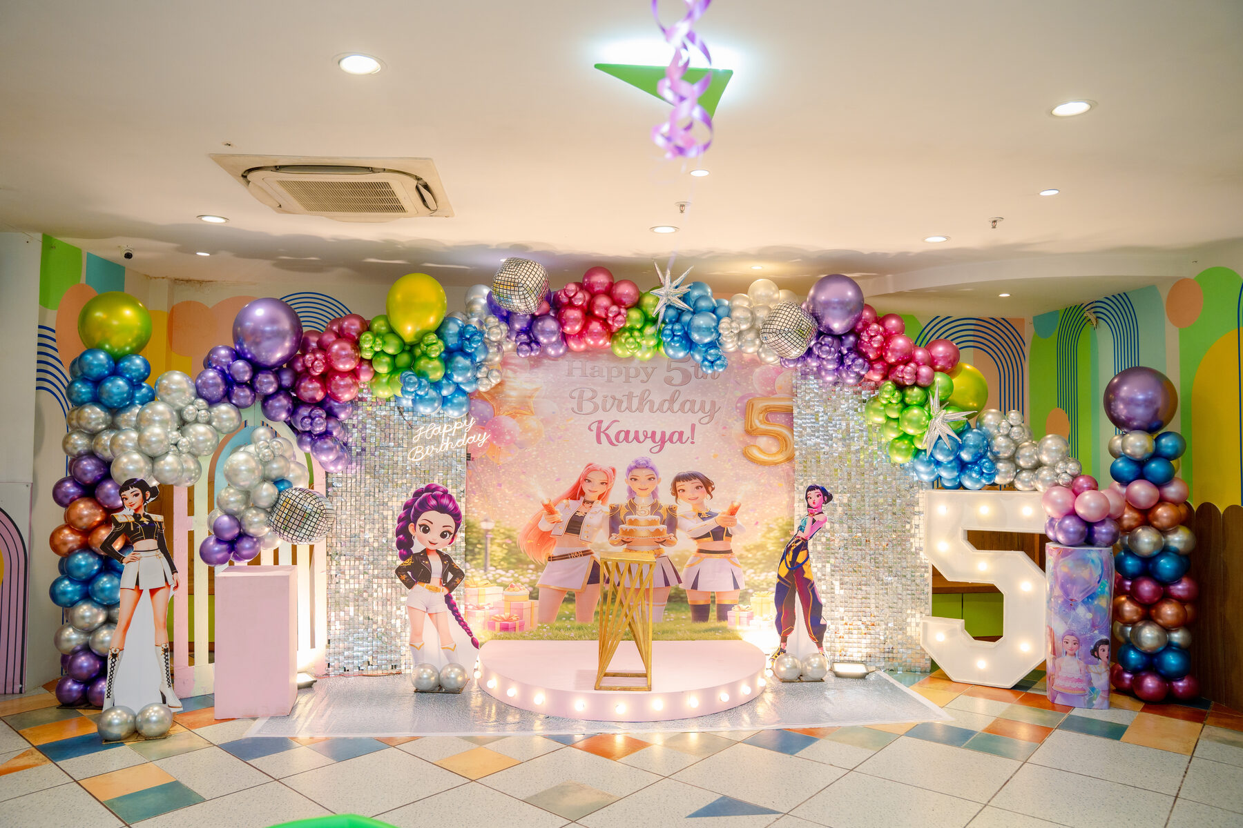 Pastel balloon setup with a personalised birthday backdrop at Baccha Party Powai